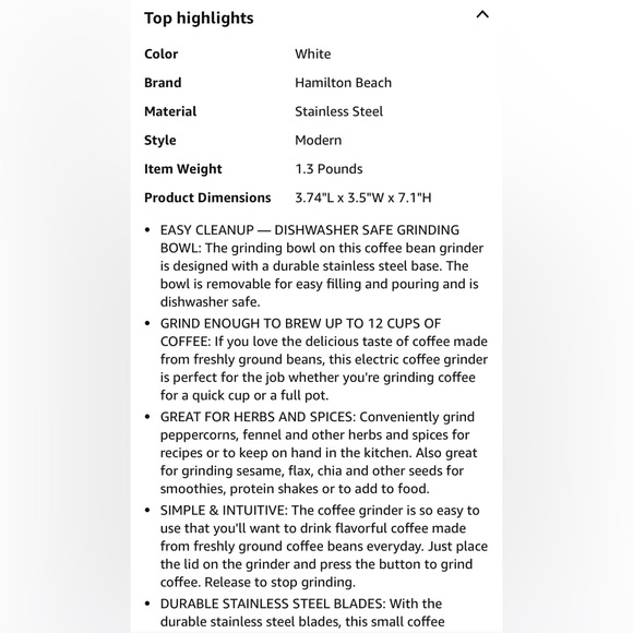 Hamilton Beach Fresh Grind Electric Coffee Grinder, 12 Cups, White NWT - Picture 5 of 5